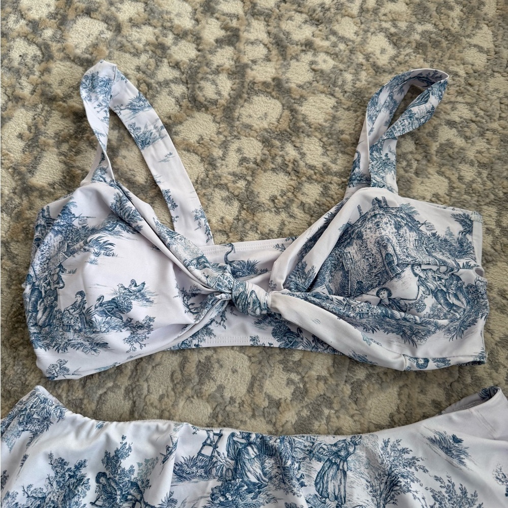 Cider White and Blue Toile Print Ruffle Bikini - Picture 2 of 4